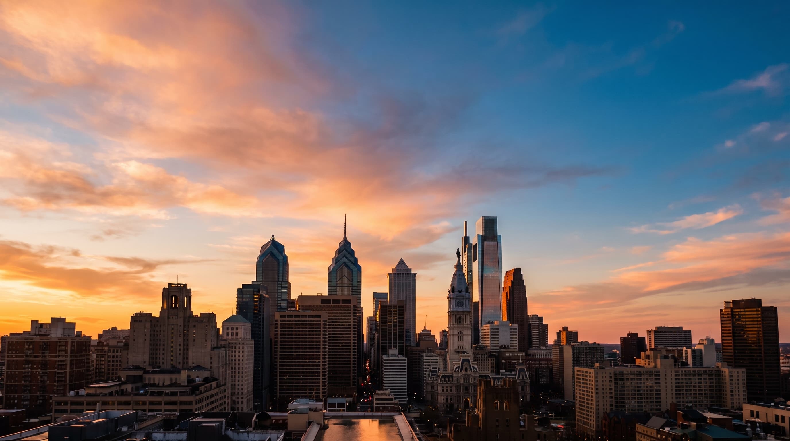 Philadelphia skyline at golden hour