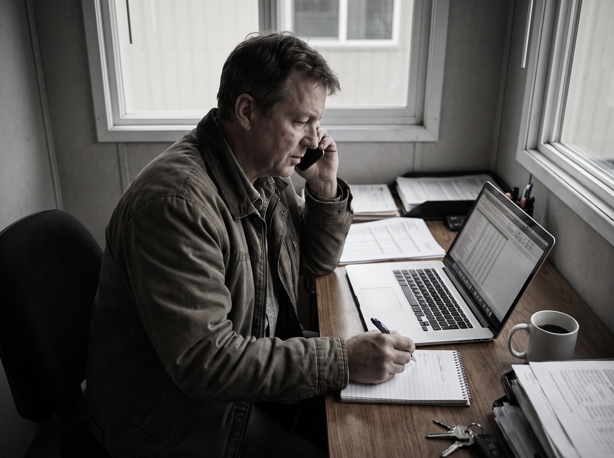 Property manager on a phone call in office